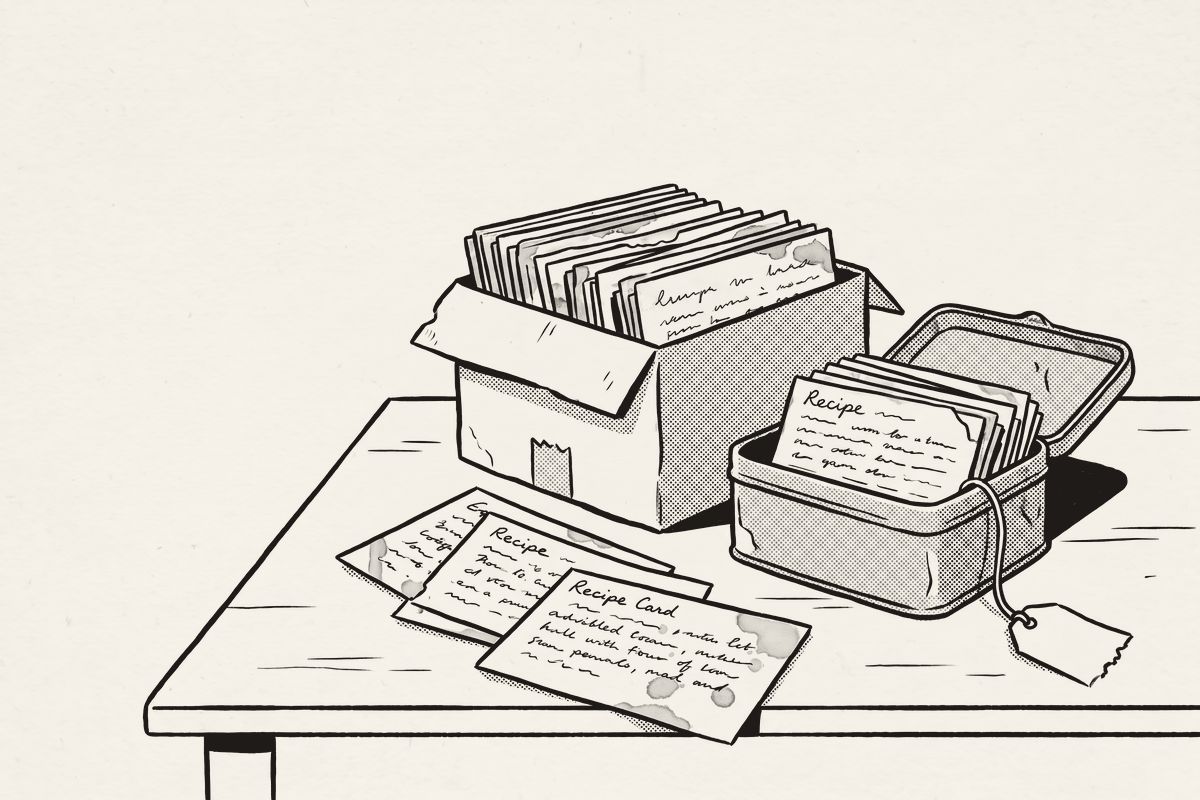 A box and a tin full of old handwritten recipe cards on a vintage shop table, a few cards fanned out.