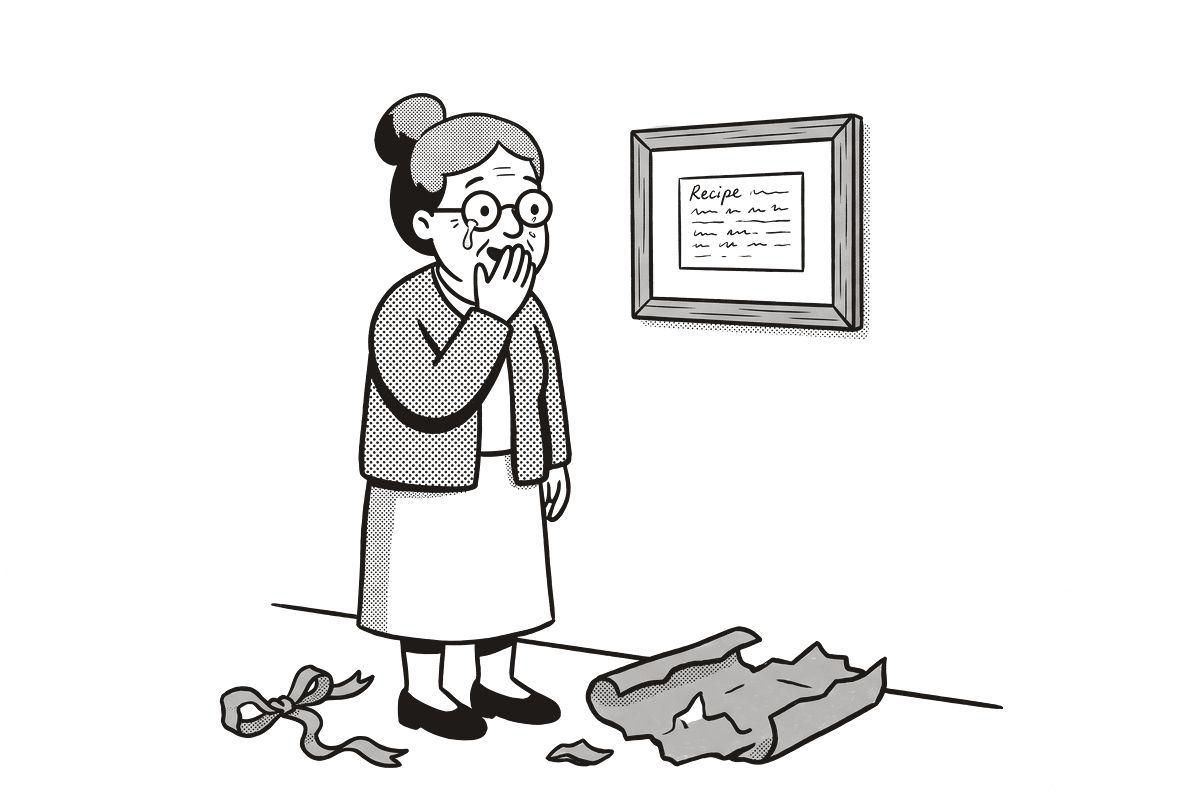 An older woman, hand over her mouth and a tear on her cheek, looking at her framed recipe card on the wall, gift wrap at her feet.