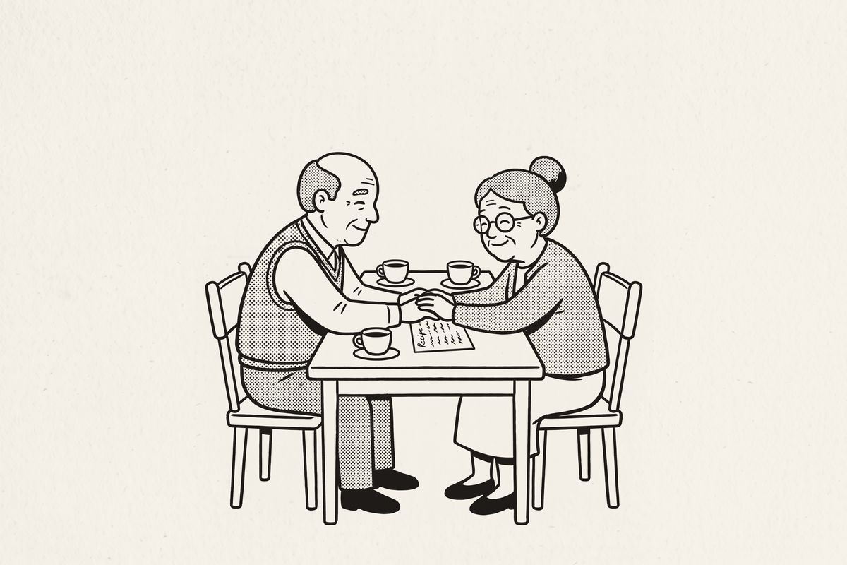 An elderly couple holding hands across their kitchen table, an old recipe card between them.