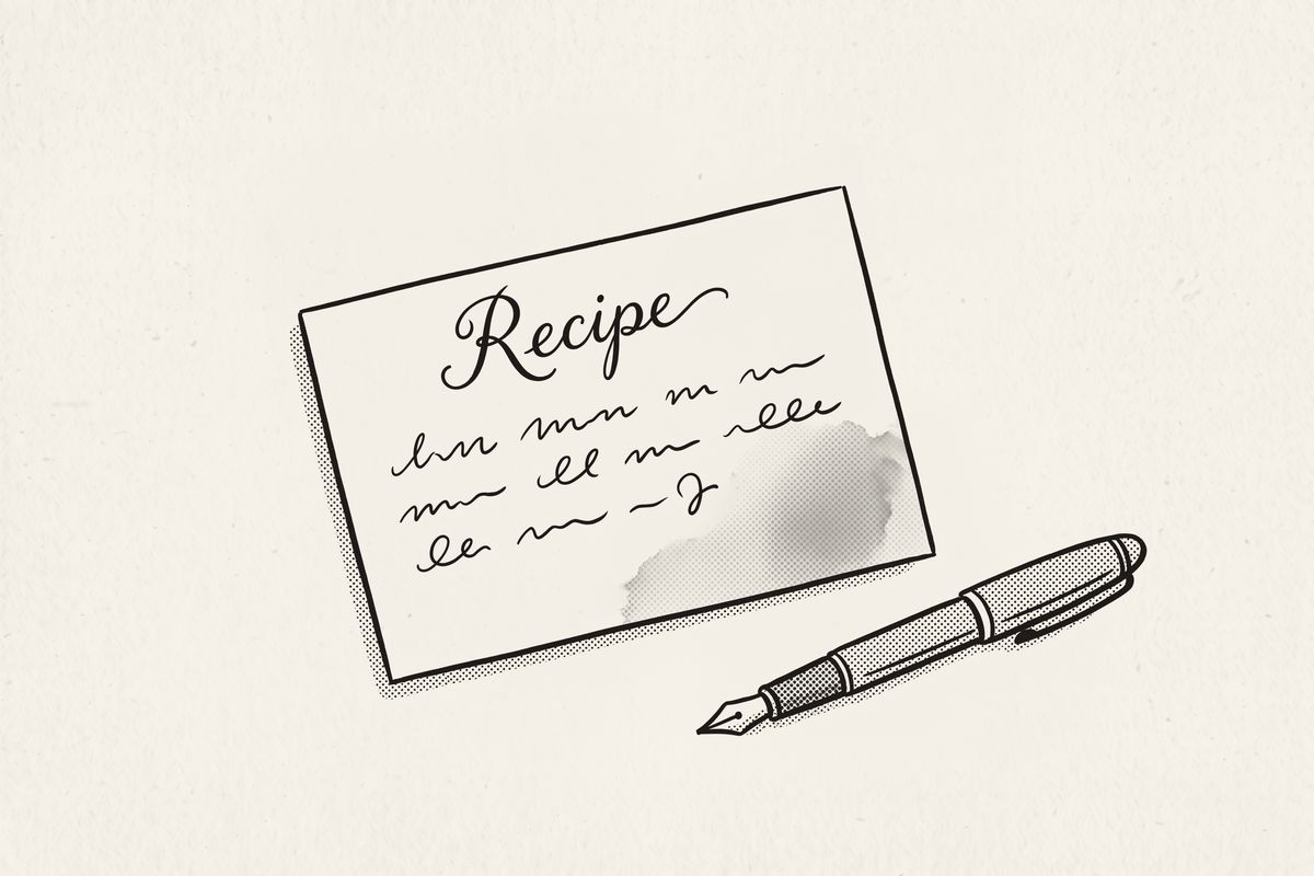 An old recipe card in looping cursive beside a fountain pen.