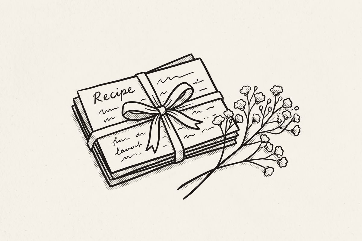 A stack of handwritten recipe cards tied with a ribbon beside a sprig of baby's breath.
