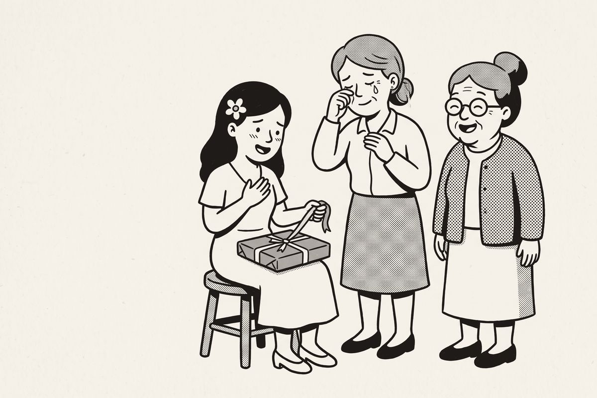 A bride unwraps a flat gift, hand on her heart, as her mother and grandmother look on.