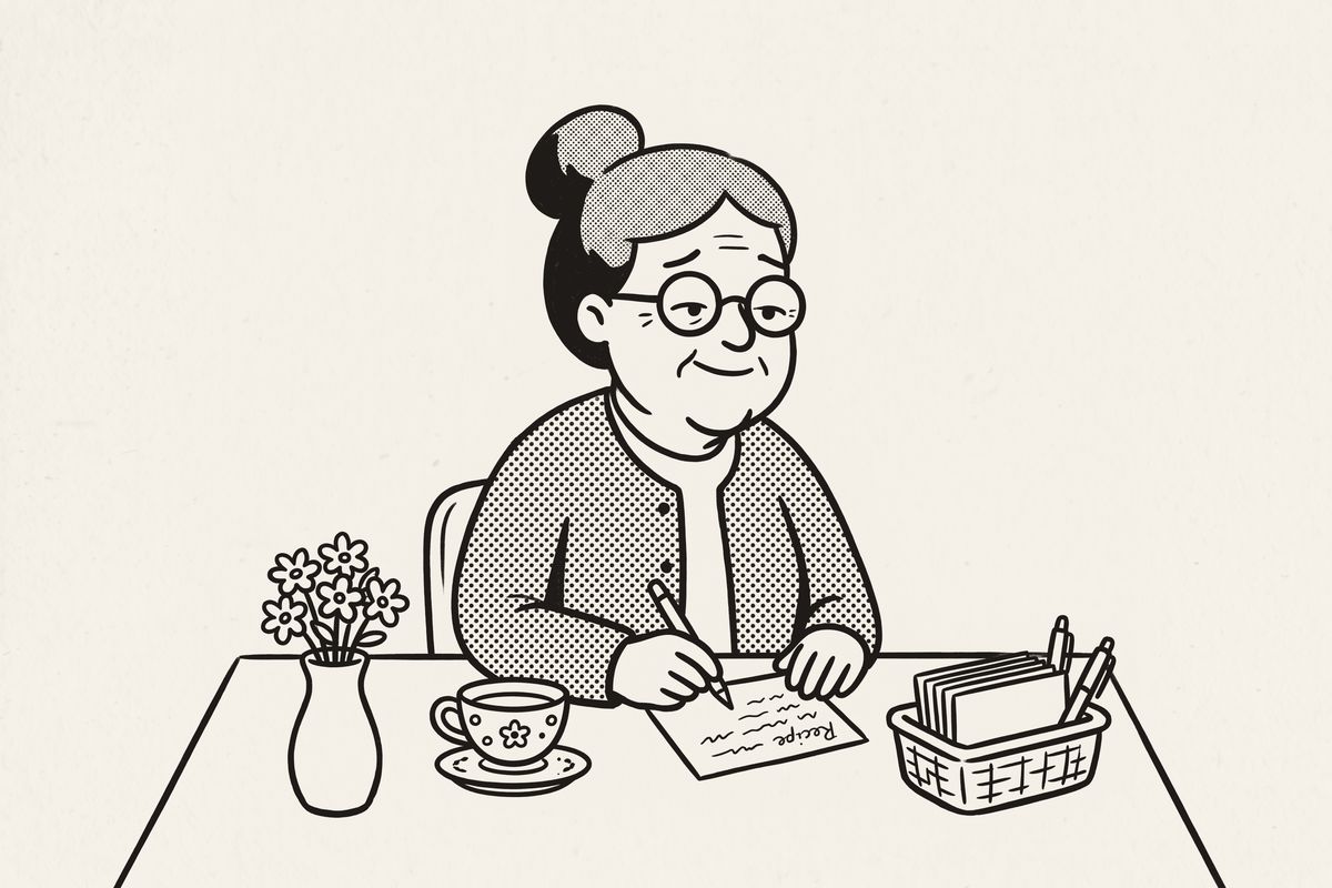 A grandmother in reading glasses writing out a recipe card at the shower table.