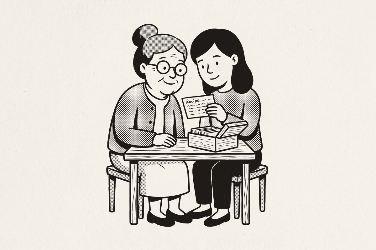 A grandmother and her daughter at a small table, looking through the recipe box together.