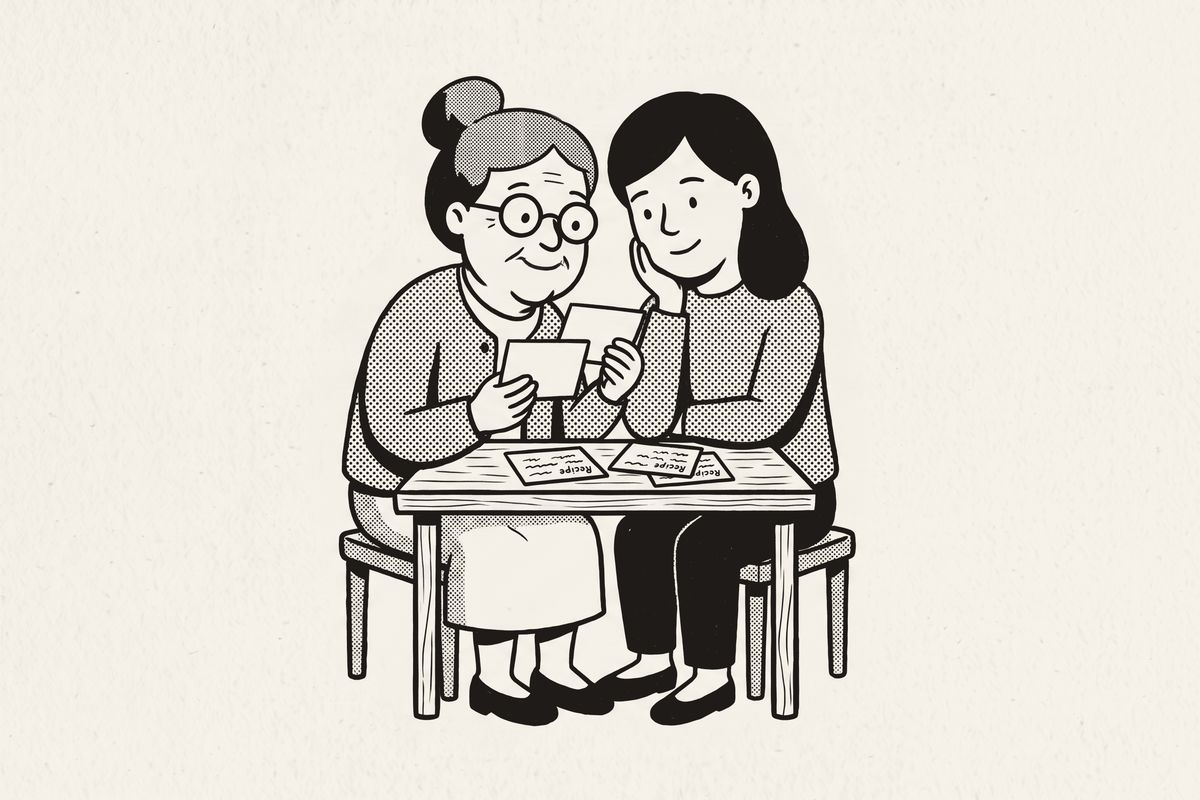 The grandmother weighs one recipe card against another while her daughter watches.