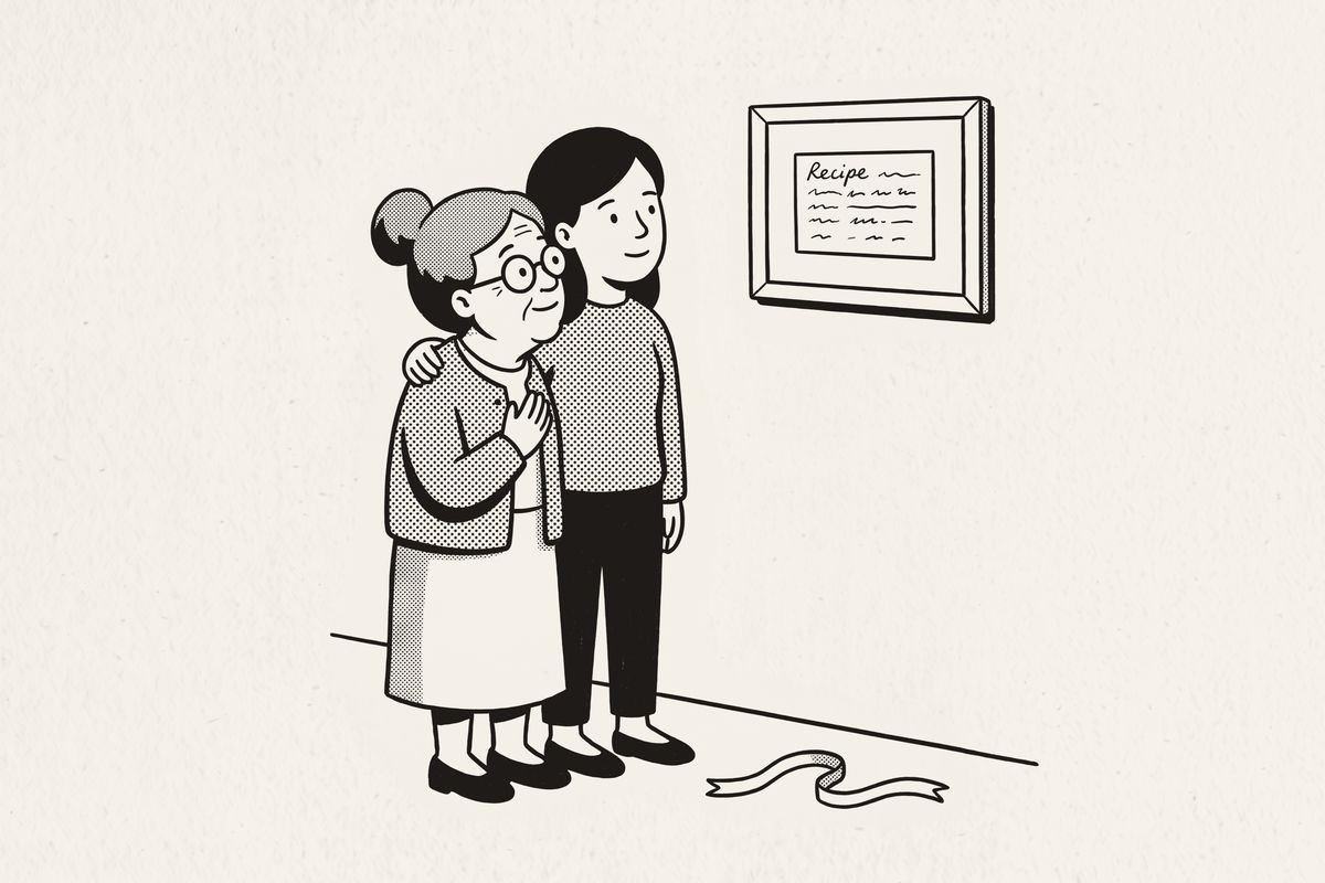 The grandmother, hand on her heart, and her daughter looking up at the framed card on the wall.