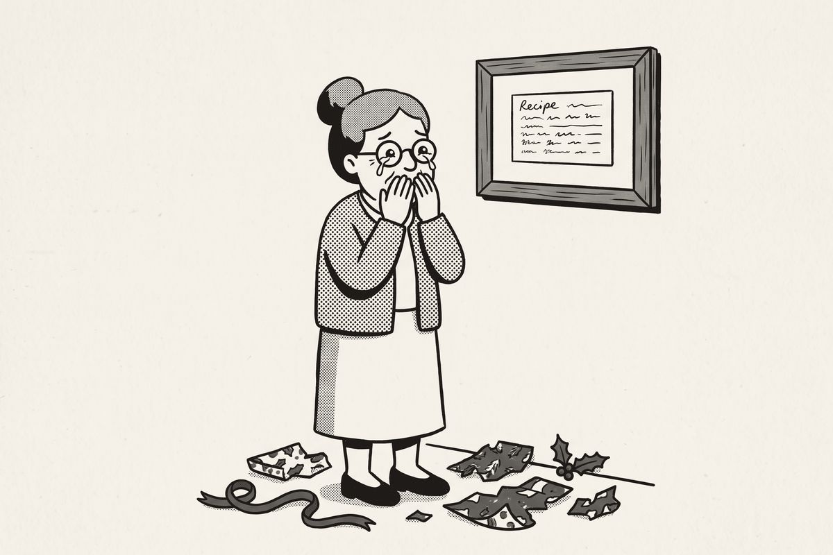 The grandmother, hands to her mouth, looking up at her framed recipe card, Christmas wrapping at her feet.