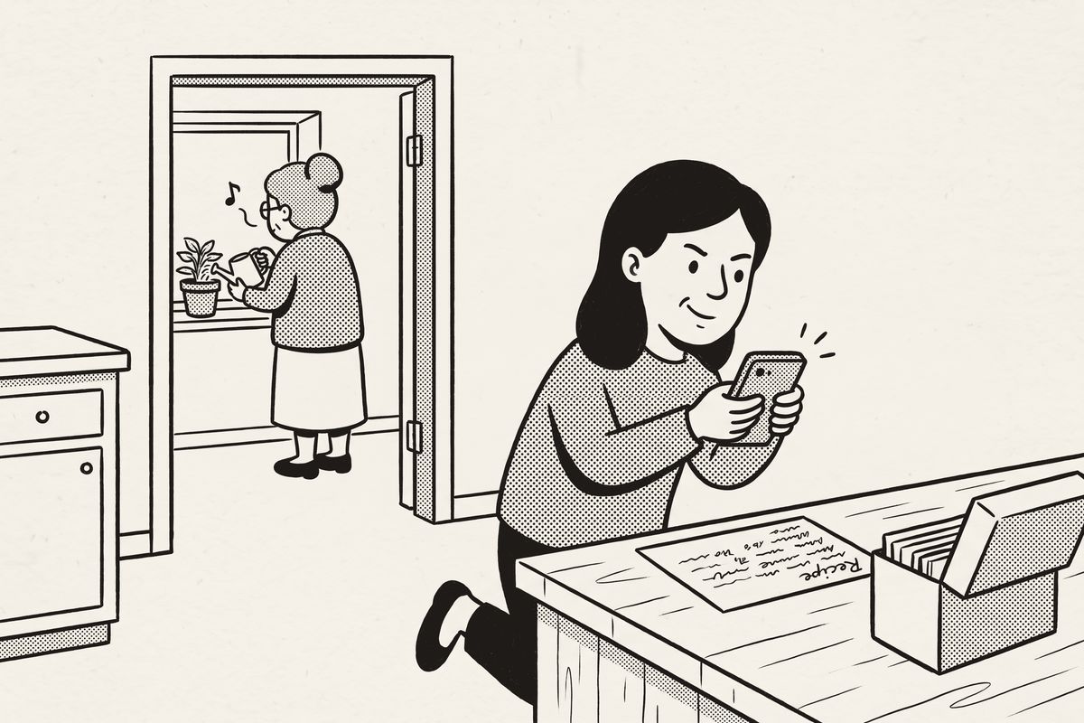 A young woman quietly photographs a recipe card on the counter while the grandmother waters a plant in the next room.