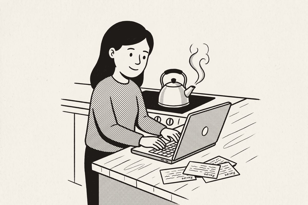 A woman typing on a laptop at the kitchen counter beside a few recipe cards, the kettle steaming.