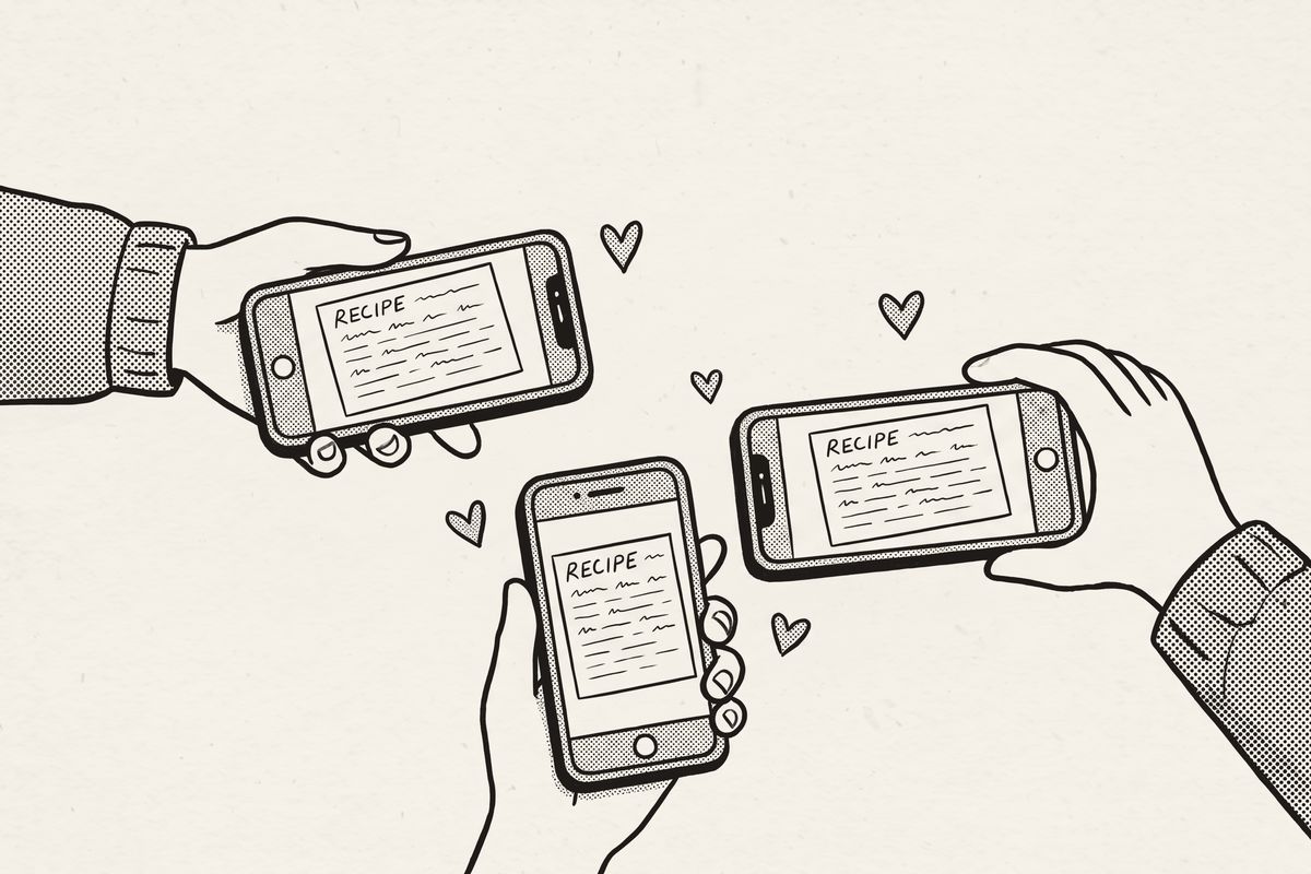 Three hands holding phones that all show the same recipe card.