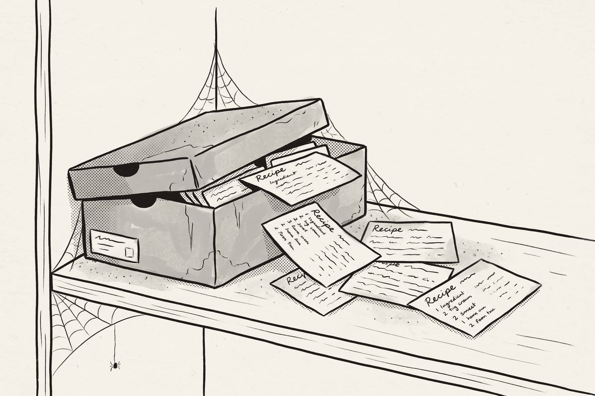An old shoebox on a closet shelf with recipe cards spilling out.