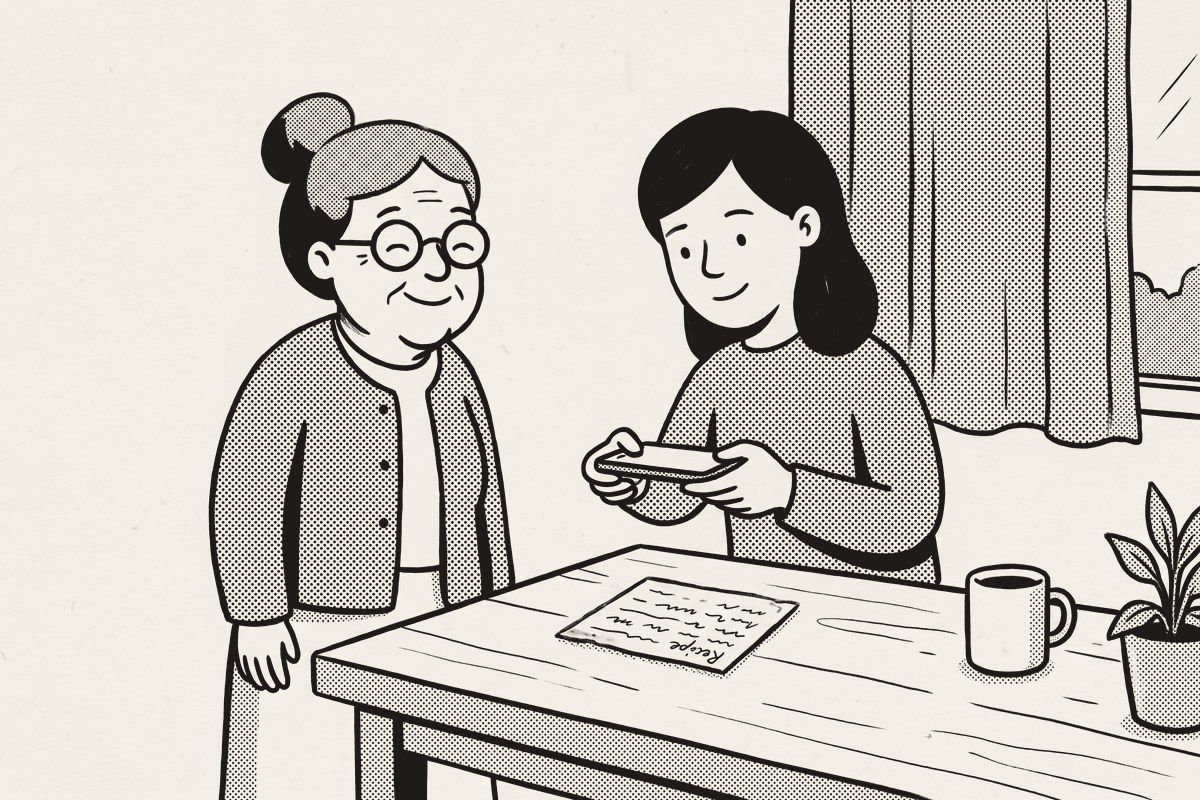 A grandmother watching her granddaughter photograph a recipe card on the kitchen table.