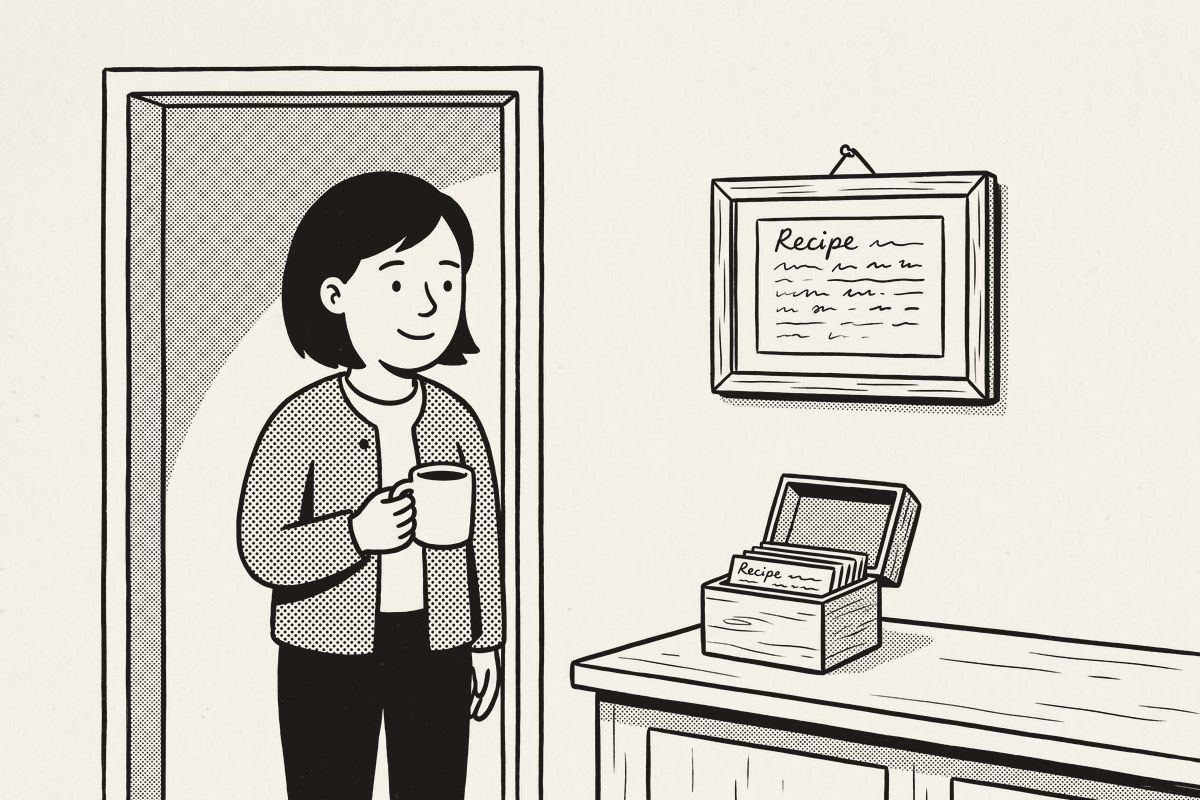 A woman with a coffee cup in a kitchen doorway, reading a framed recipe card on the wall across the room.