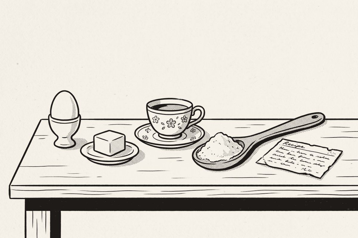 An egg, a matching pat of butter, a teacup and a heaped spoonful of flour beside an old recipe card.