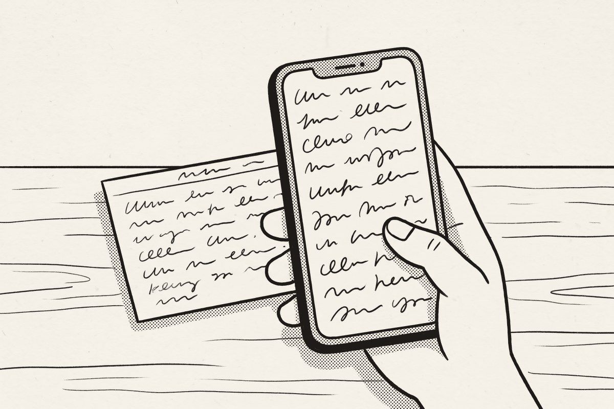 A hand holding a phone zoomed in on cursive handwriting, the old recipe card behind it.
