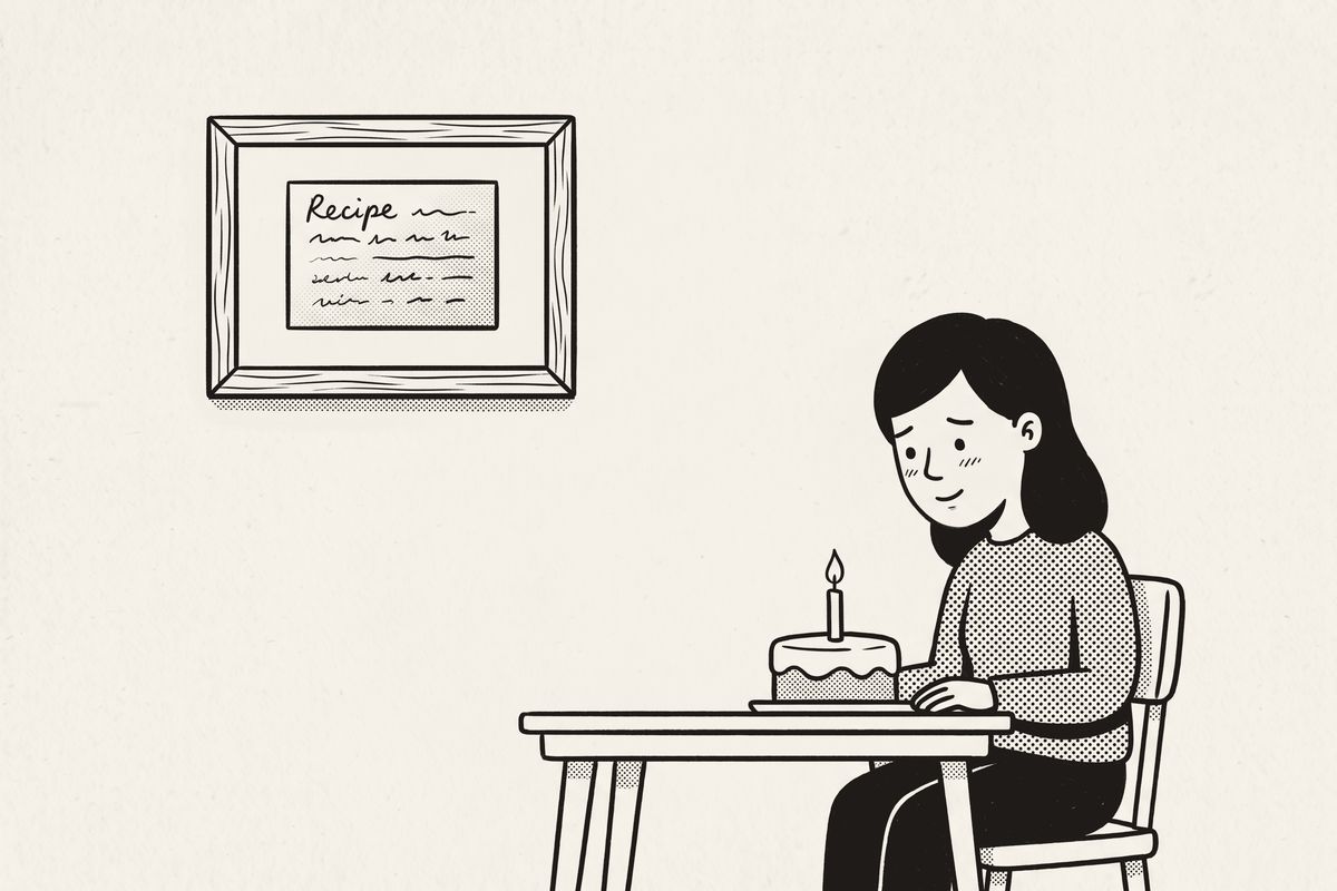 A woman about to blow out a single birthday candle, a framed recipe card on the wall behind her.