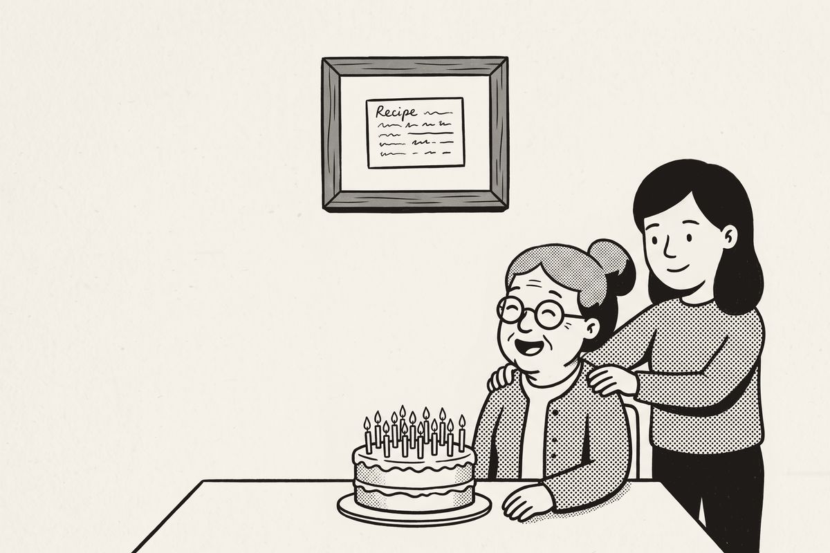 A grandmother at her birthday cake, beaming up at her framed recipe card, her daughter behind her.