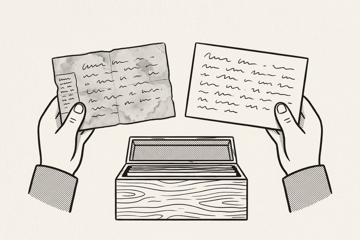 Two hands holding two recipe cards side by side, an old stained one and a newer neat one.