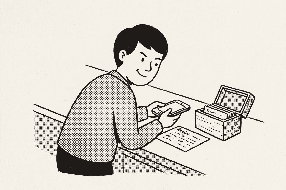A young man quietly photographing a recipe card on the kitchen counter, glancing over his shoulder.