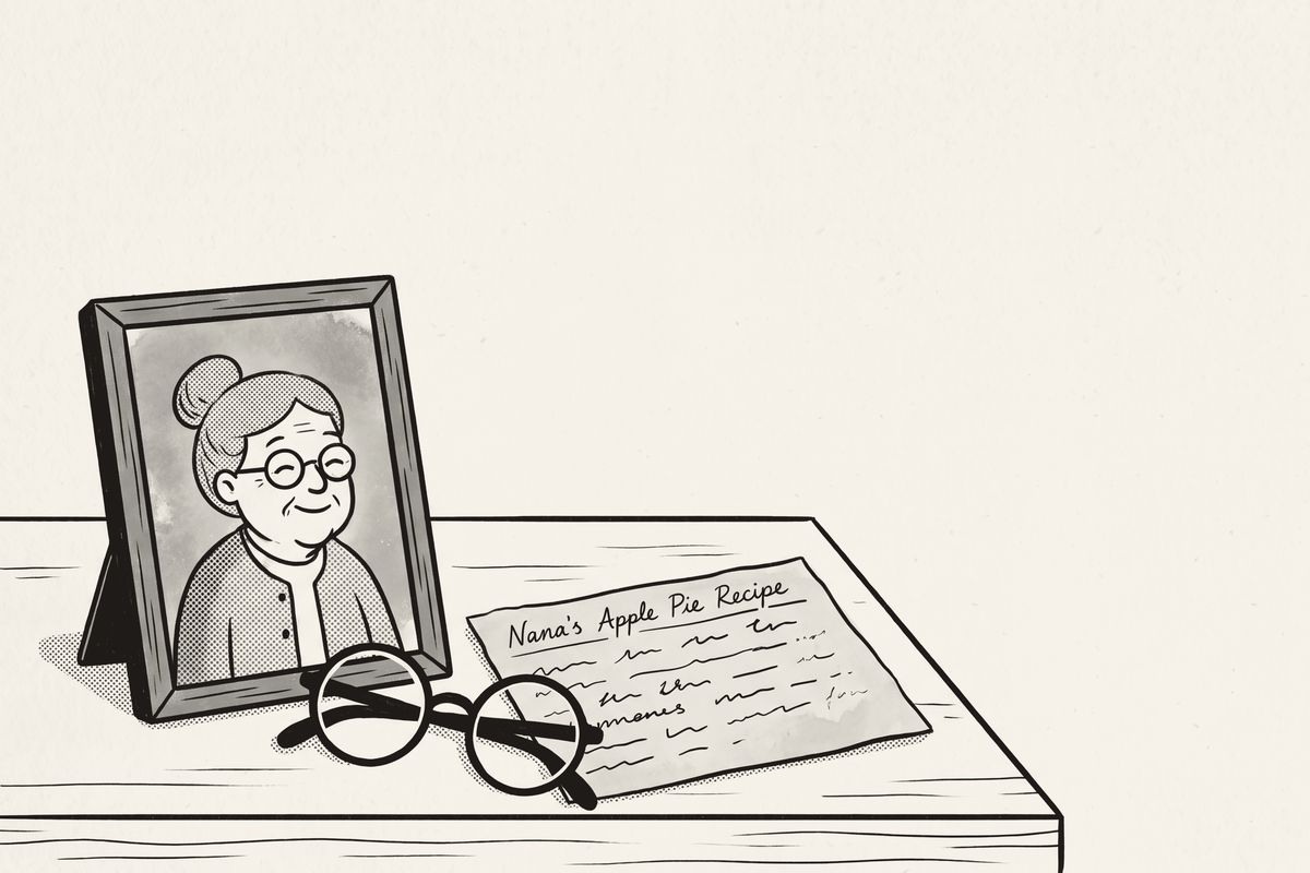 An old portrait photograph beside a recipe card in the same woman's handwriting, with her reading glasses.