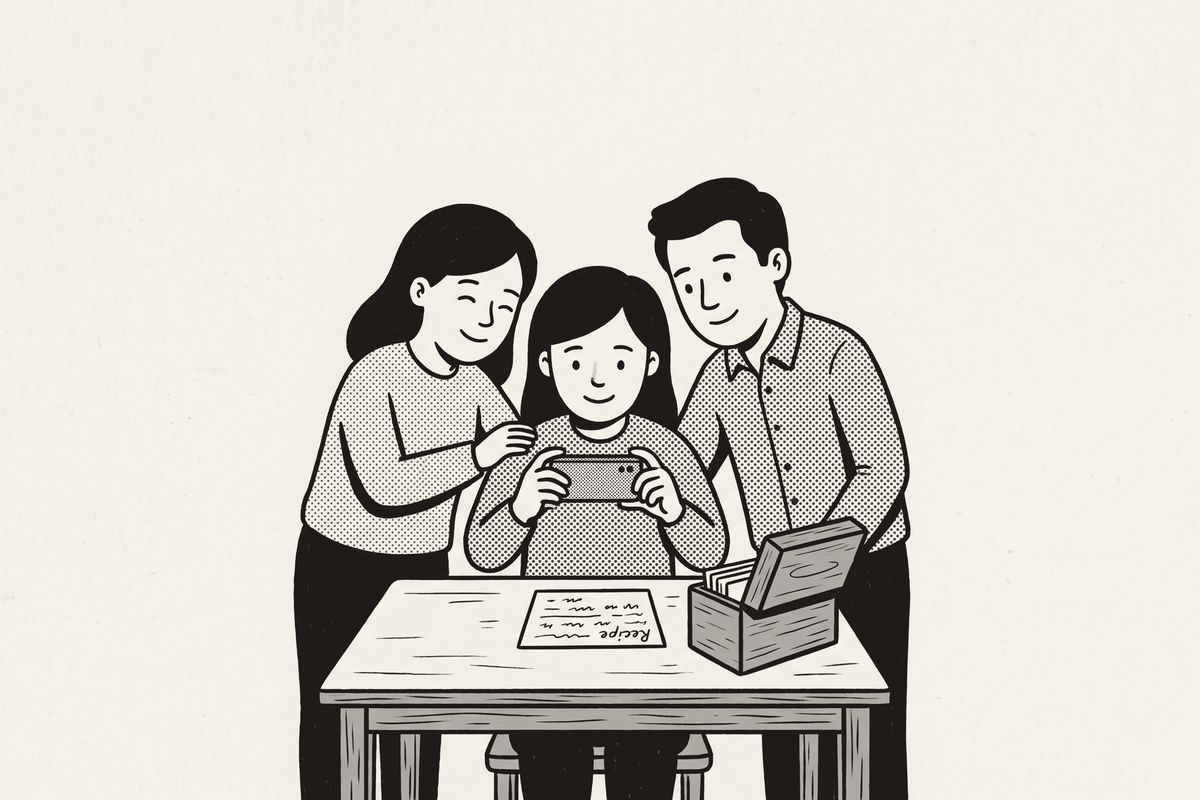 One sister photographs the recipe card while her sister and brother look over her shoulders.