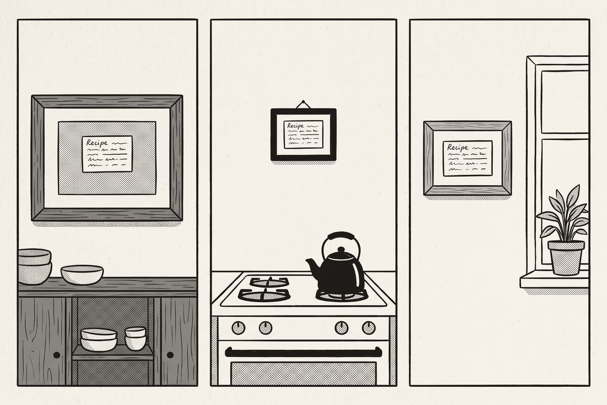 The same recipe card framed three ways, on three different kitchen walls.