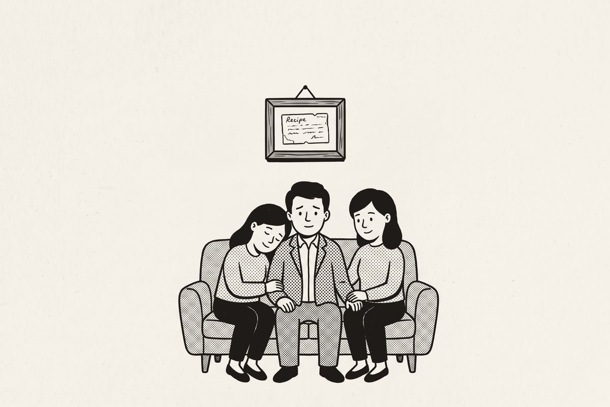 Three siblings sitting close on a sofa beneath their framed family recipe card.