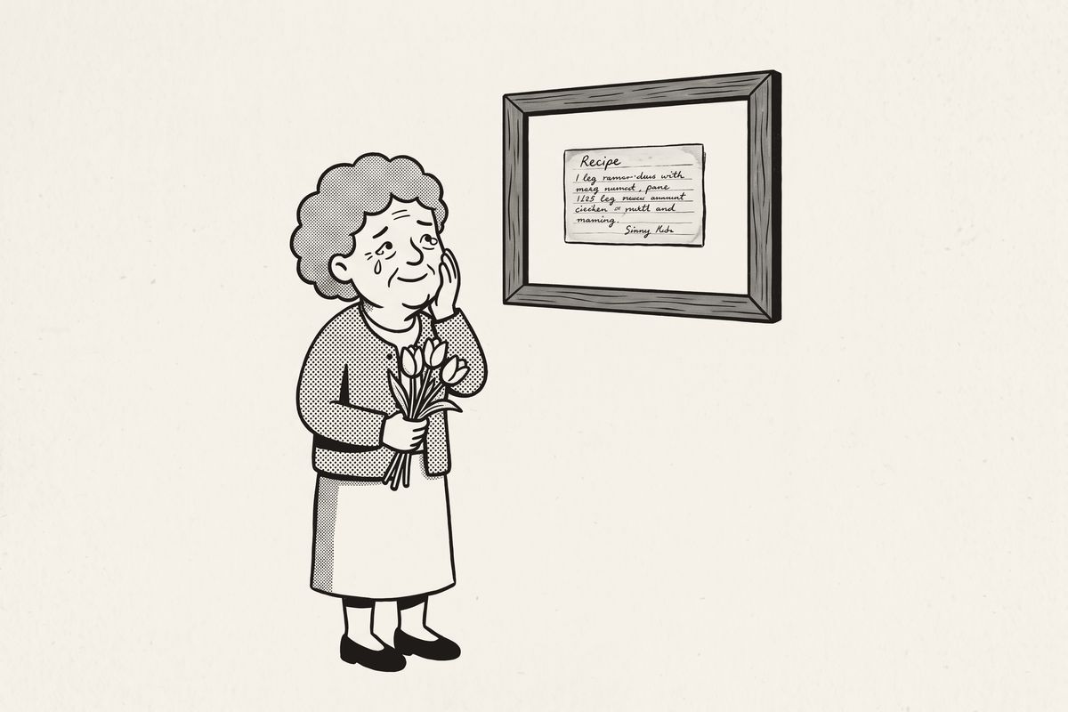 A mother holding tulips, moved, looking at a framed recipe card on the wall.