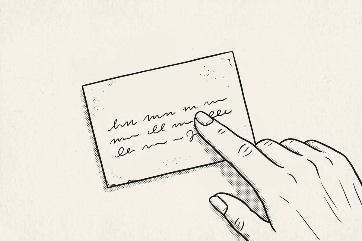 An older woman's fingertip tracing the handwriting on an old recipe card.