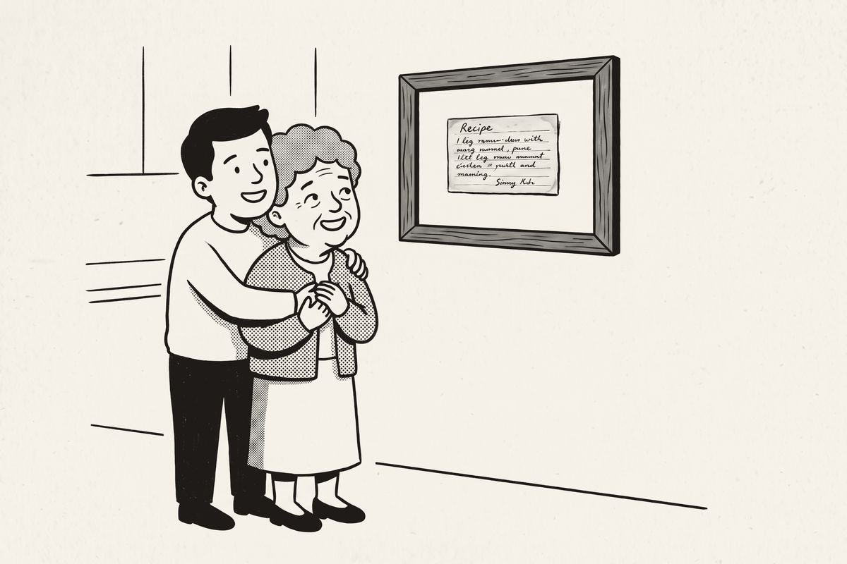 A grown son hugs his mother in her kitchen as they look at her framed recipe card.