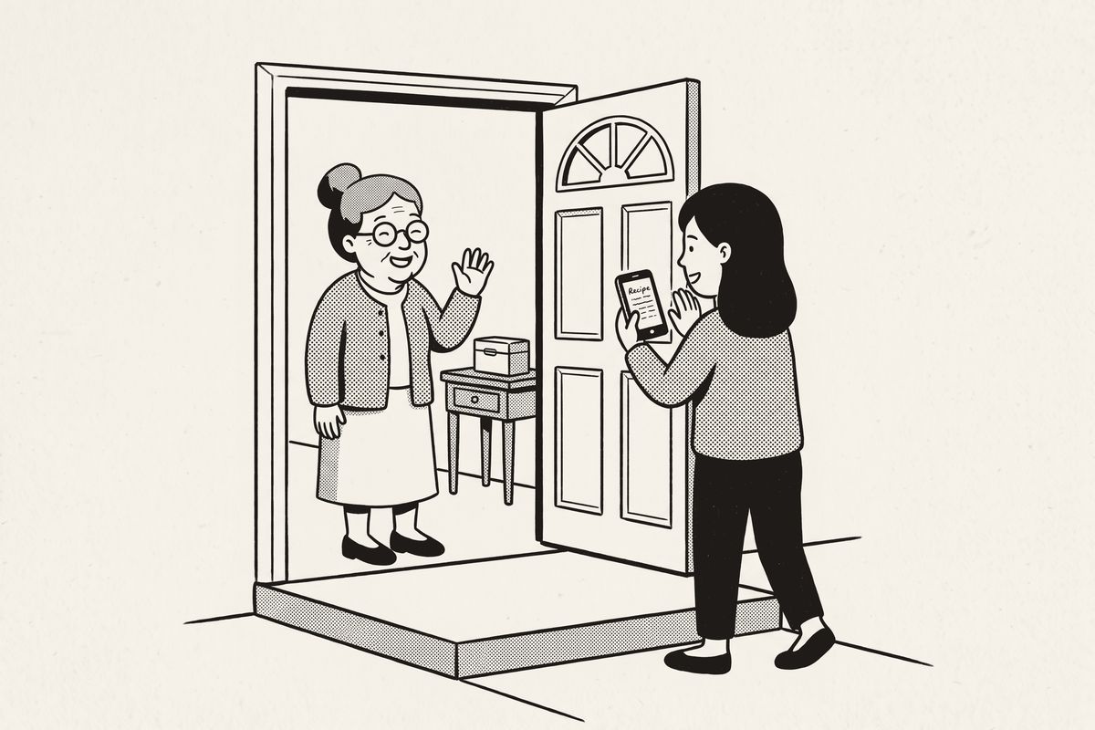 The grandmother waves goodbye from her door, the recipe box safe inside, as her daughter holds up the photos on her phone.
