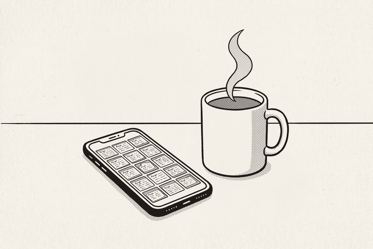 A phone showing a grid of recipe card photos beside a cup of tea.
