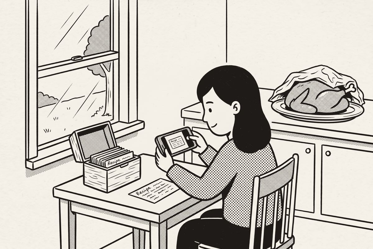 A woman by a window photographs recipe cards from the open box while the turkey rests on the counter.
