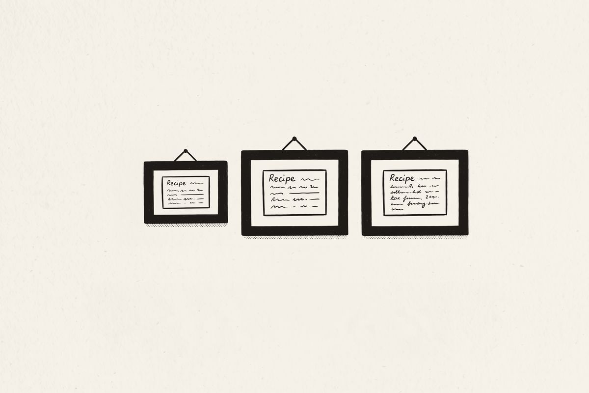 Three framed recipe cards in small, medium and large sizes side by side on a wall.