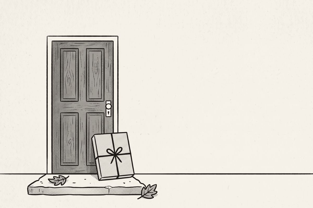 A wrapped parcel leaning against a quiet front door, autumn leaves on the step.