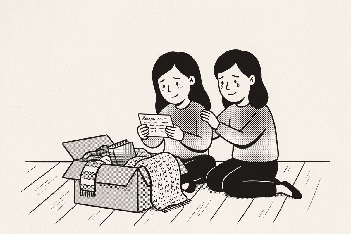 Two sisters on the floor beside a box of their mother's things, looking at one of her recipe cards.