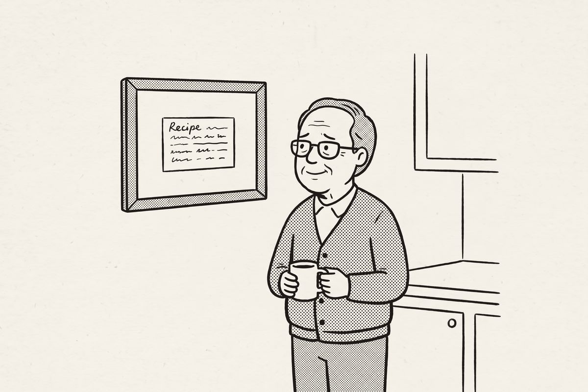 A man with a mug looking up at his mother's framed recipe card in his kitchen.