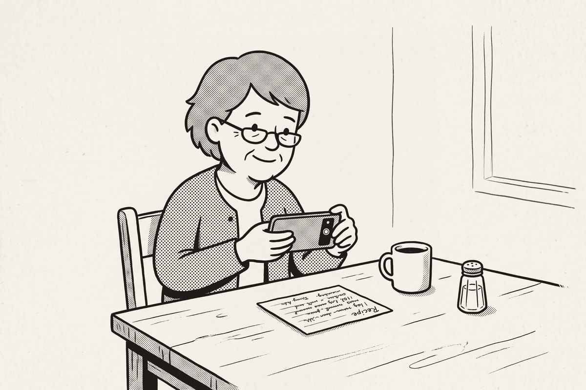 A mother at her kitchen table photographing a recipe card with her phone.