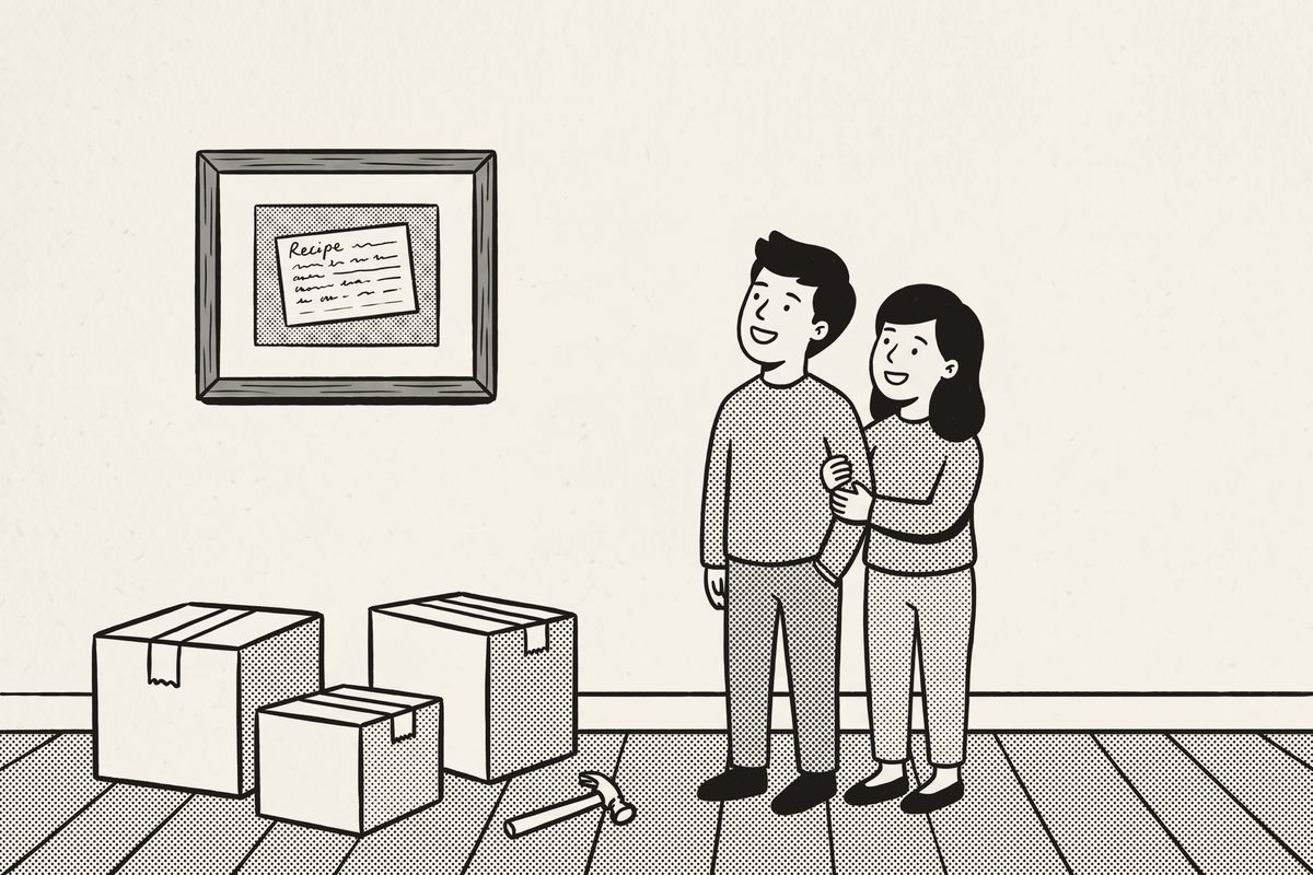 A young couple arm in arm admiring the framed recipe card on the bare wall of their new home.
