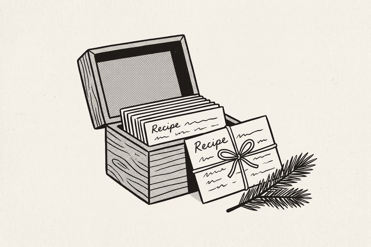 An open recipe box, one card tied with a ribbon beside a sprig of pine.