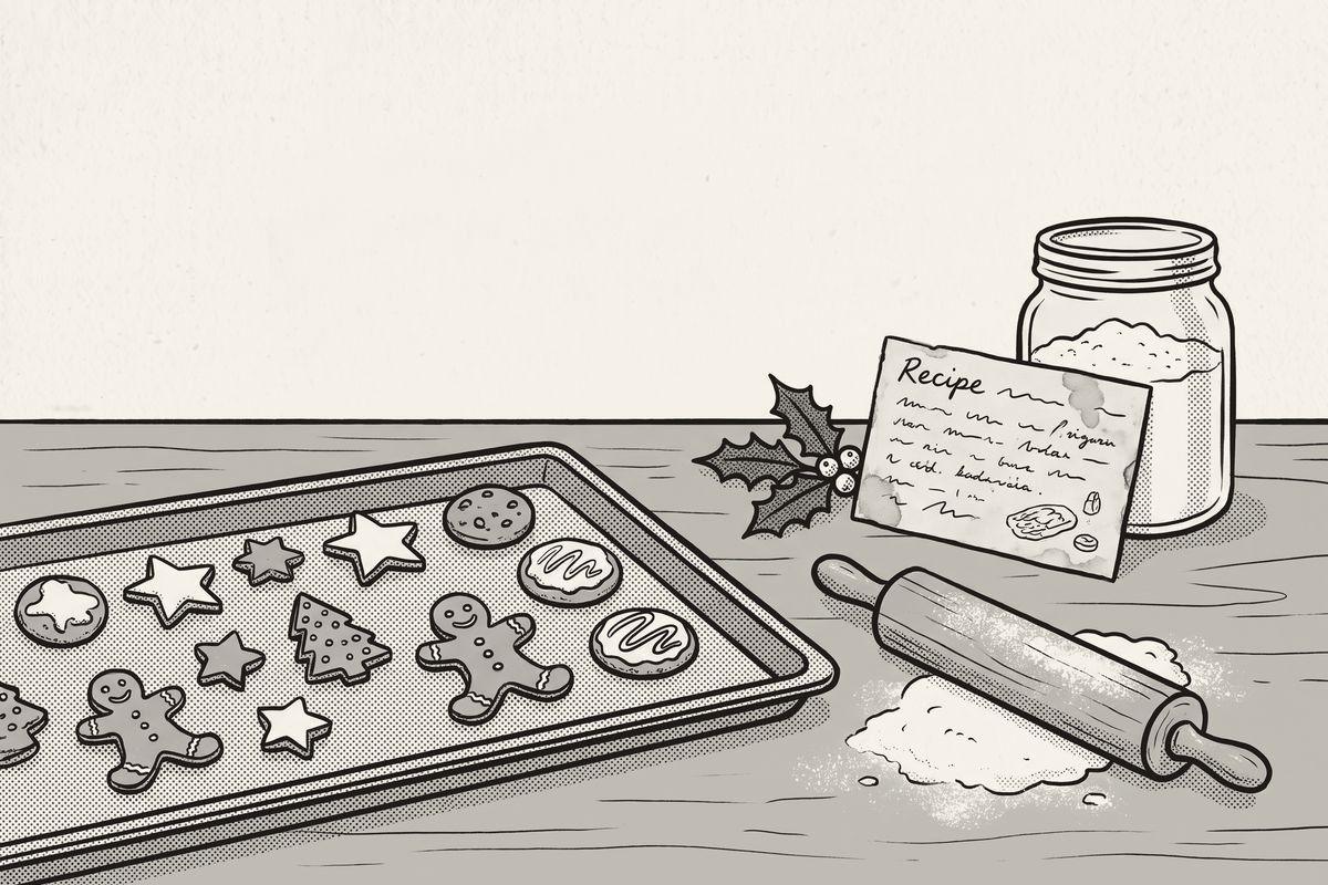 A tray of Christmas cookies cooling beside an old recipe card propped against the flour jar.
