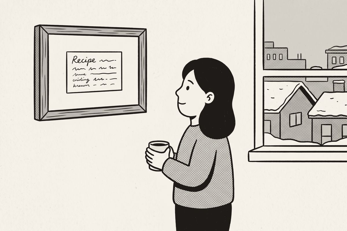 A woman with a mug looks at a framed family recipe card in her city kitchen, snowy rooftops outside.