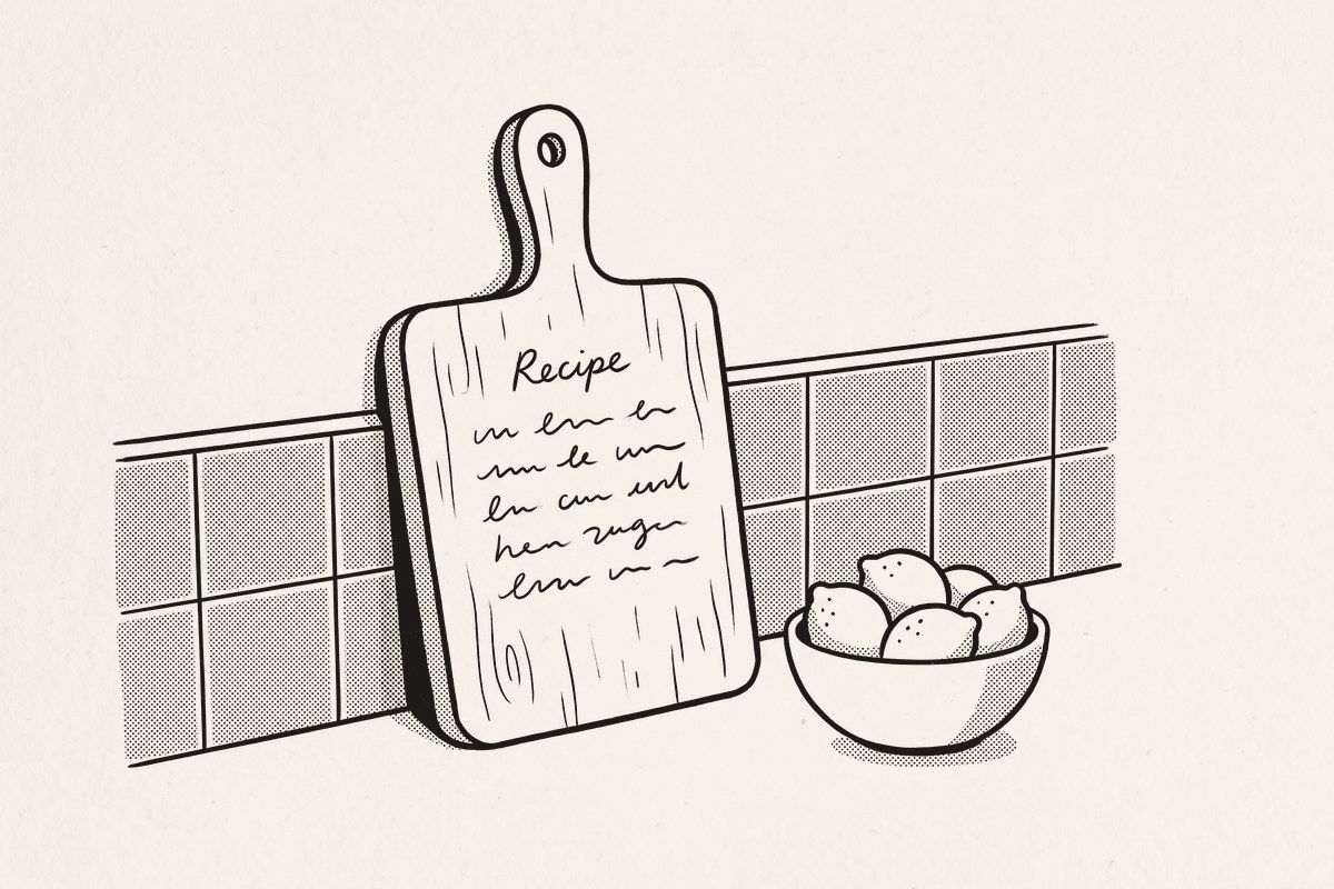 A wooden cutting board engraved with a handwritten recipe, propped on a kitchen counter.