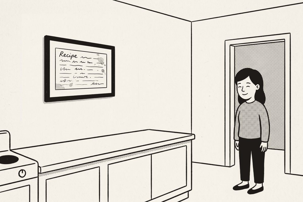 A woman in a kitchen doorway easily reading a large framed recipe card above the counter.