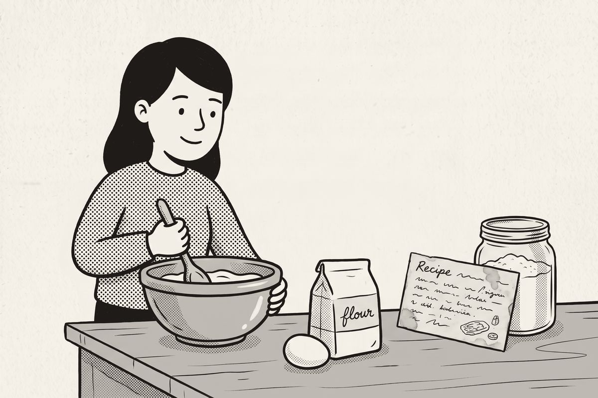 A woman stirring a mixing bowl, an old recipe card propped up in front of her.