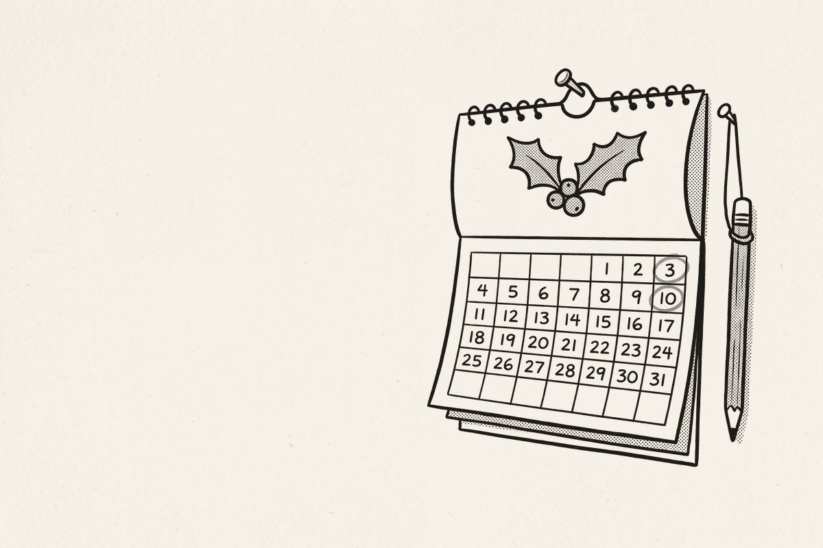 A wall calendar open to December, the 3rd and the 10th circled in pencil.