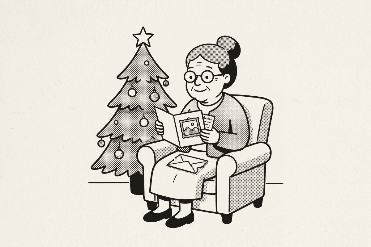 A grandmother by a Christmas tree, smiling at a picture of a framed recipe card tucked inside a greeting card.
