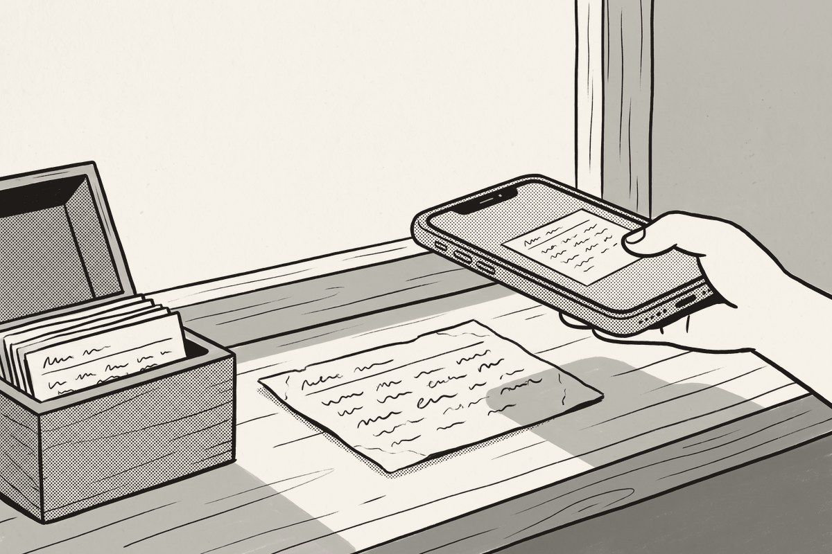A hand holding a phone over a handwritten recipe card on a sunny windowsill.