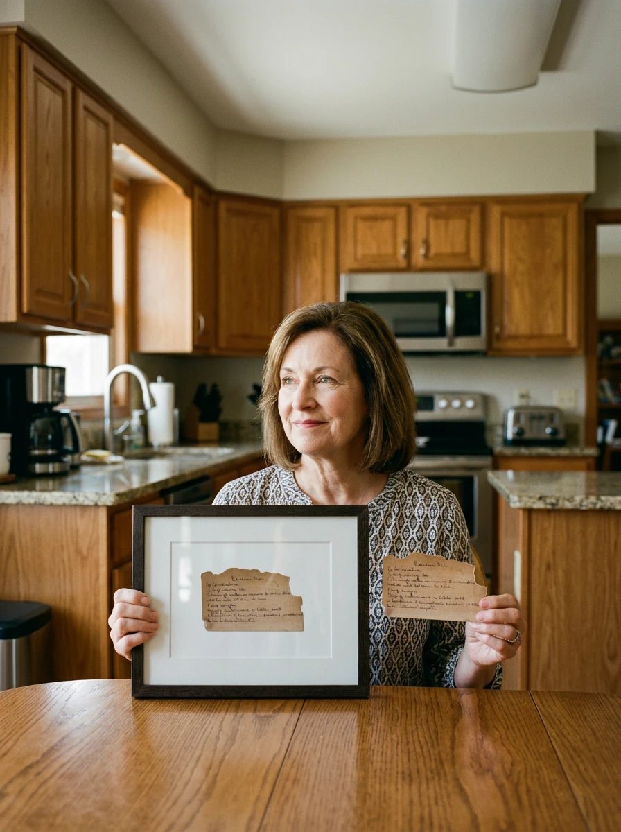 A woman at her kitchen table holds her handwritten recipe card, framed, beside the original card.