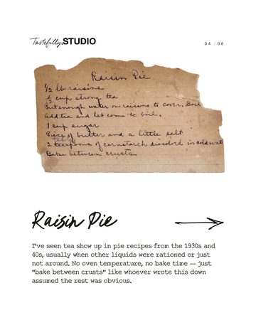 A worn Raisin Pie recipe card
